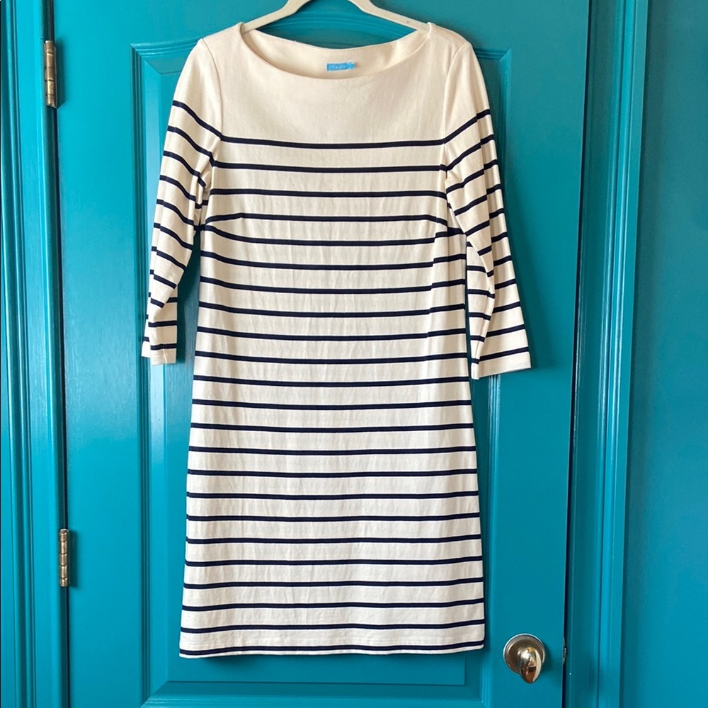 J. McLaughlin Striped Navy and Cream Dress size Medium 100% Cotton